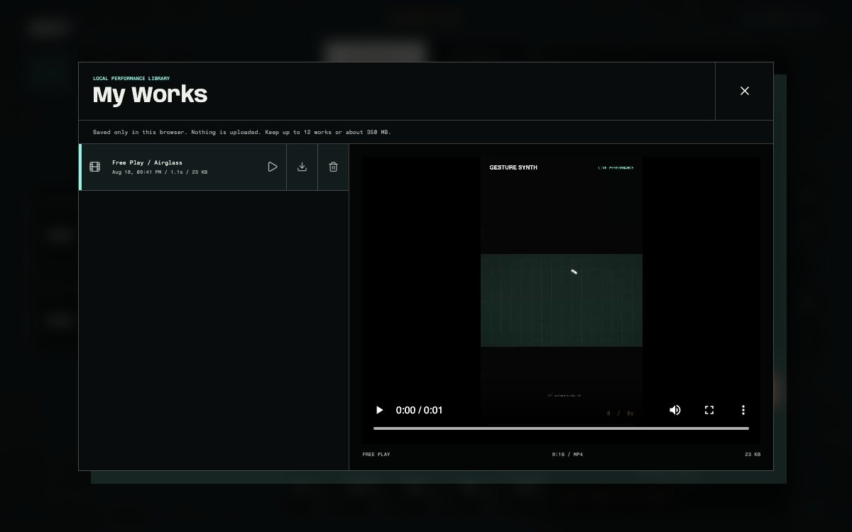 Gesture Synth My Works dialog showing a locally saved performance with paused preview, recording details, download, and delete controls