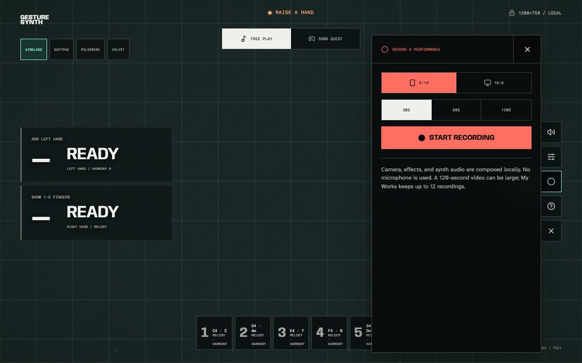 Gesture Synth recording controls showing portrait and landscape framing, 30, 60, and 120 second durations, and the start recording command