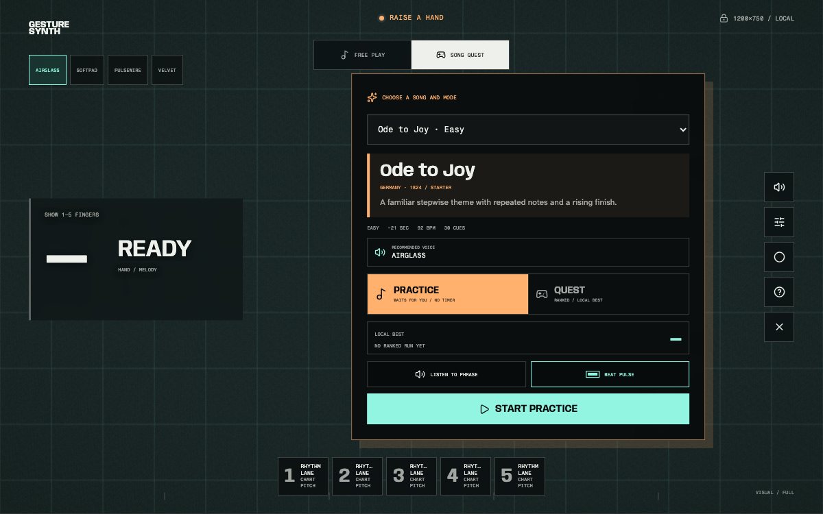 Gesture Synth Song Quest picker showing the recommended Airglass voice for Ode to Joy and controls to preview the phrase
